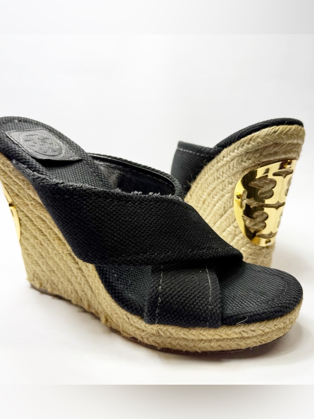 Tory Burch Black Canvas Crisscross Espadrille Wedges size 8M